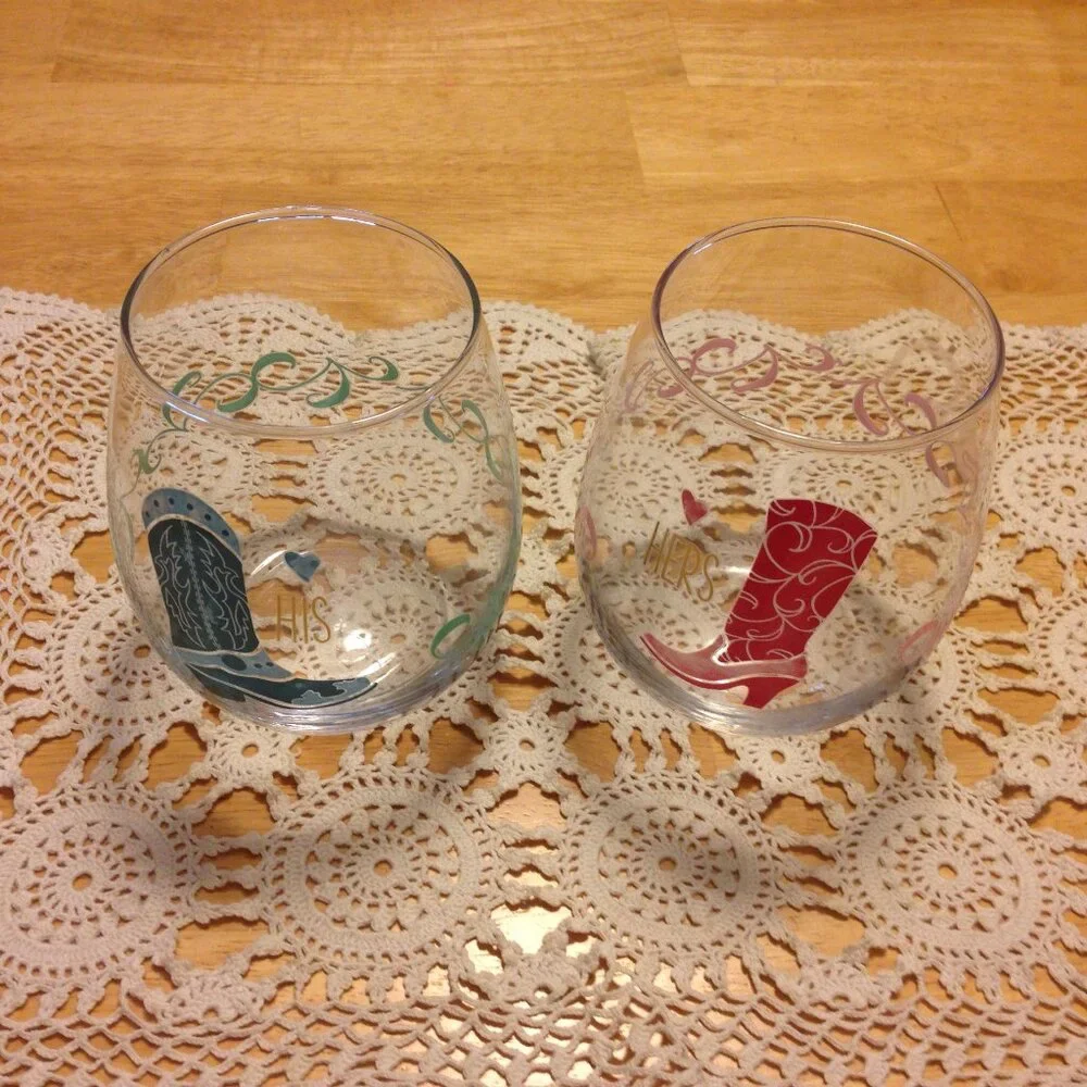 Cowboy Wedding Glasses, His and Hers weighted wine glasses